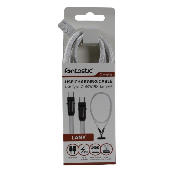 Fontastic Lanyard - Charging Cable & Mobile Strap Aluminum Housing, Nylon Cable, 60W, &ldquo;Lany&rdquo; white