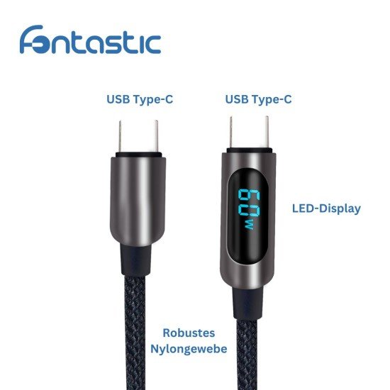 Data Cable with Digital Display Typ-C > Typ-C 1.2m Zinc Alloy Housing + Braided Cable, 60W, max.3A