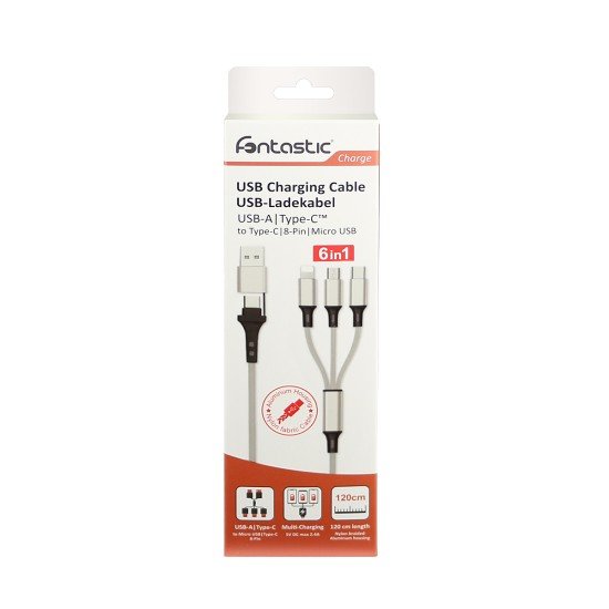 6in1 Charging Cable USB-A/Type-C/8-Pin/Micro USB Al Housing, Nylon braid, Multi-Charge 2.4A, 1.2m s