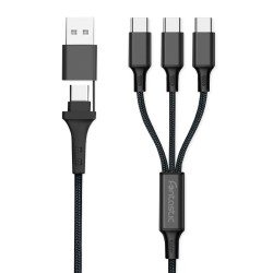 Multi Ladekabel - 3-fach USB-Typ-C auf USB-A/Typ-C Al-Gehäuse, Nylon ummantelt, Multi-Laden, 1.2m sw Multi Ladekabel - 3-fach USB-Typ-C auf USB-A/Typ-C Al-Gehäuse, Nylon ummantelt, Multi-Laden, 1.2m sw
