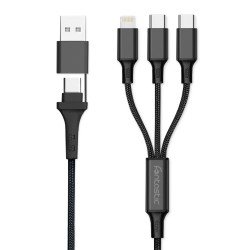 Ladekabel - 2x USB Typ-C + 1x 8PIN auf USB-A/Typ-C Al-Gehäuse, Nylon ummantelt, Multi-Laden, 1.2m sw Ladekabel - 2x USB Typ-C + 1x 8PIN auf USB-A/Typ-C Al-Gehäuse, Nylon ummantelt, Multi-Laden, 1.2m sw