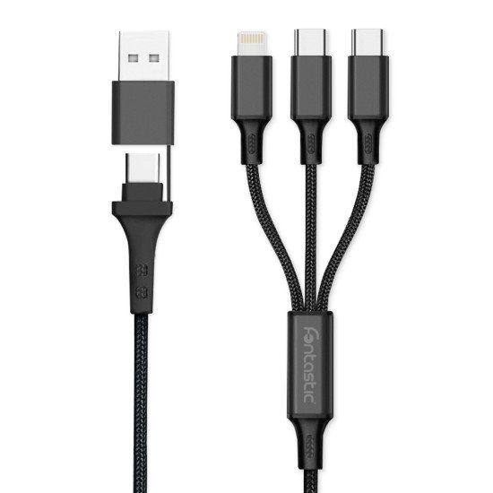 Charging Cable USB-A/Type-C to 2 x Type-C + 8-PIN Al Housing, Nylon braid, Multi-Charge 1.2m black