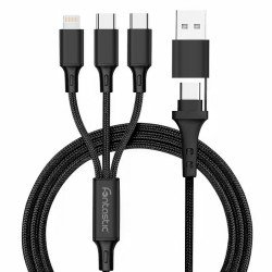 Ladekabel - 2x USB Typ-C + 1x 8PIN auf USB-A/Typ-C Al-Gehäuse, Nylon ummantelt, Multi-Laden, 1.2m sw Ladekabel - 2x USB Typ-C + 1x 8PIN auf USB-A/Typ-C Al-Gehäuse, Nylon ummantelt, Multi-Laden, 1.2m sw