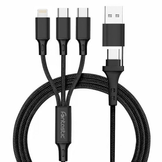 Charging Cable USB-A/Type-C to 2 x Type-C + 8-PIN Al Housing, Nylon braid, Multi-Charge 1.2m black