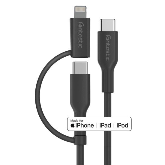 Fontastic 2in1 Data Cable Type-C >Type-C +Lightnig PD 60W, Fast Charge comp., TPE, 1m, "Dua", black