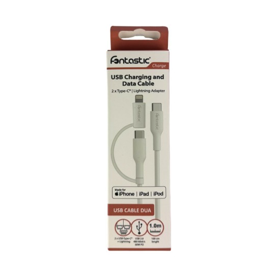 Fontastic 2in1 Data Cable Type-C >Type-C +Lightnig PD 60W, Fast Charge comp., TPE, 1m, "Dua", white Fontastic 2in1 Data Cable Type-C >Type-C +Lightnig PD 60W, Fast Charge comp., TPE, 1m, "Dua", white