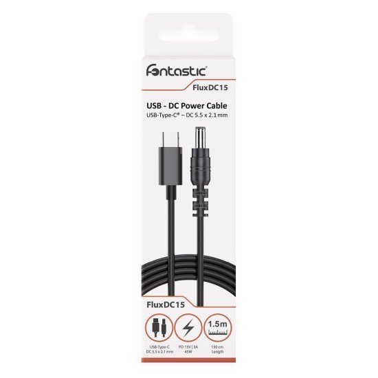 Fontastic USB-C-auf-DC5521-Ladekabel, Smart-Chip Power Delivery DC 5,5 &times; 2,1 mm 1,5 m "FluxDC15" sw