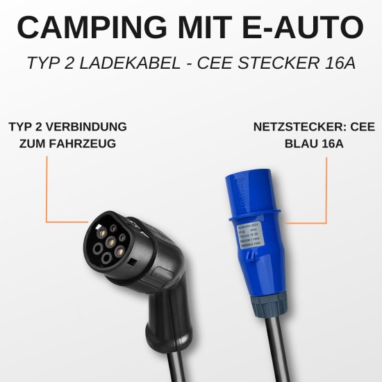 AC Portable Charger, Charge Power Meter, CEE Blue Fixed current (6A), 5m Typ 2 Cable, black