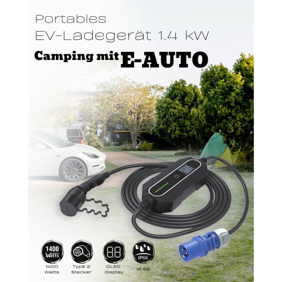 AC Portable Charger, Charge Power Meter, CEE Blue Fixed current (6A), 5m Typ 2 Cable, black