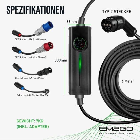 AC portable EV Charger Type 2 16kW programmable 3.6kW + 3 adapter cables, wall holder, case