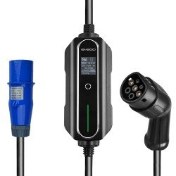 AC Portable Charger, Charge Power Meter, CEE blue Adjustable current (6-16A), 5m Typ 2 Cable, black