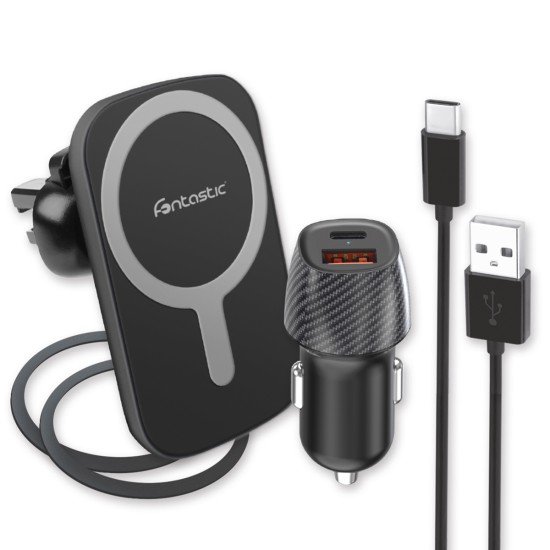 Magnetic Wireless Charging Holder + Car Charger 15W Fast Charge compatible, incl. 2 pcs Metal Ring