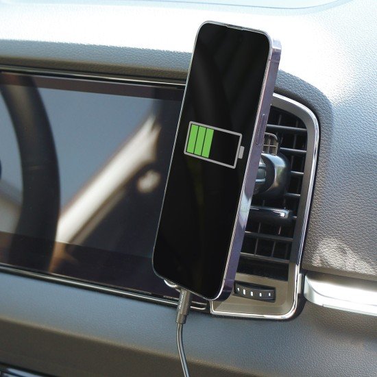Magnetic Wireless Charging Holder + Car Charger 15W Fast Charge compatible, incl. 2 pcs Metal Ring