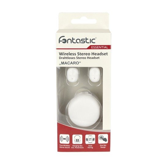 Essential True Wireless Stereo Headset Macaro Auto-Pairing, Music-Control, Charging Case white