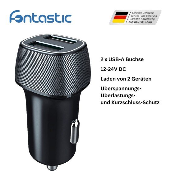 Car Charger "Picco" 12Watt black 2x USB-A Ports 5V/2.4A , Housing With Carbon Look