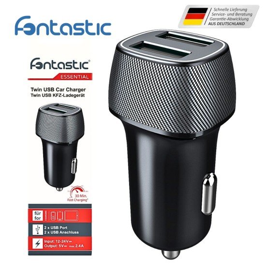 Car Charger "Picco" 12Watt black 2x USB-A Ports 5V/2.4A , Housing With Carbon Look