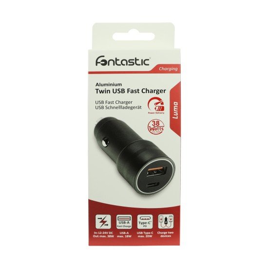 Car Charger „Luma“ Dual Port, 38Watt, Grey Type-C Power Delivery USB-A Fast Charge Aluminum
