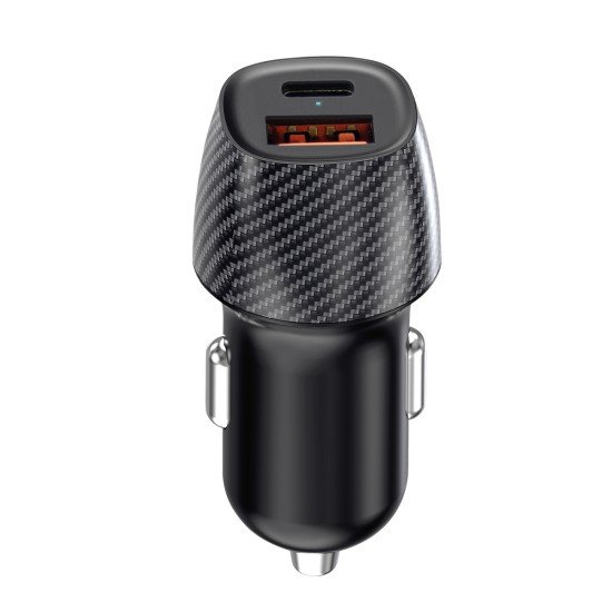 Car Charger „Gran“ Dual Port, 20Watt, black Type-C PD + USB-A FC 3.0, PPS, Carbon Fiber Design