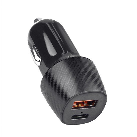 Car Charger „Gran“ Dual Port, 20Watt, black Type-C PD + USB-A FC 3.0, PPS, Carbon Fiber Design