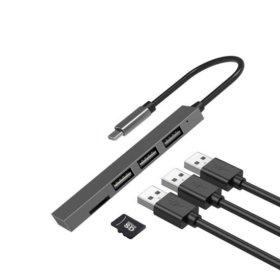 4-in-1 Multi-Port Slim USB Type-C Hub, grey 3 x USB-A 2.0, MIcroSD Slot, Plug & Play 4-in-1 Multi-Port Slim USB Type-C Hub, grey 3 x USB-A 2.0, MIcroSD Slot, Plug & Play