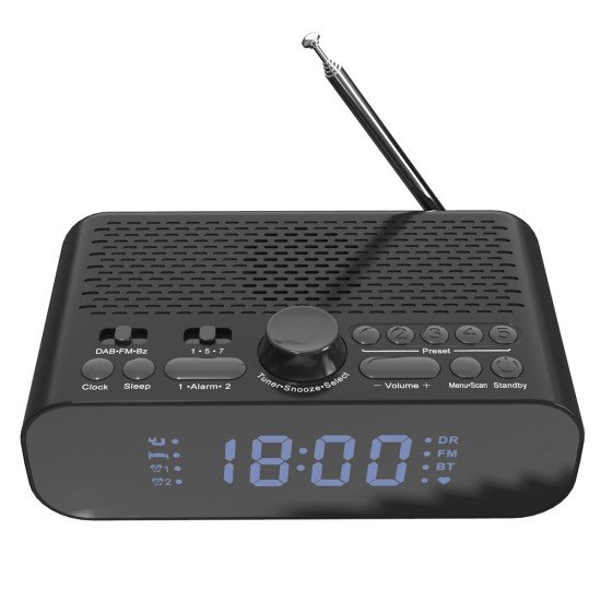 Digital DAB+/FM clock radio and wireless speaker Large display, DAB Presets, integrated battery
