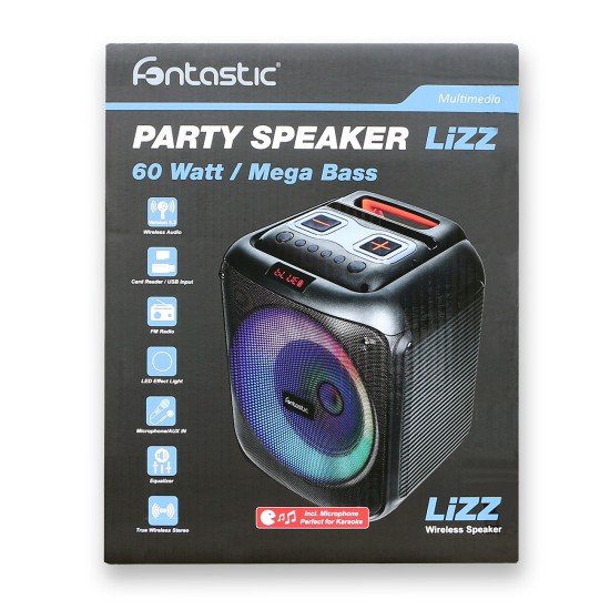 Wireless party speaker 60W, microphone & LED light Karaoke, TWS, FM radio, USB & card reader