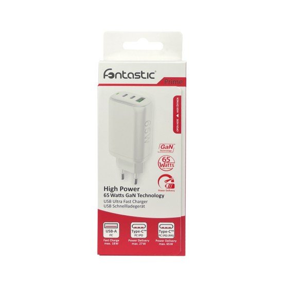 AC Charger GaNto 2 x Type-C PD + USB-A FC3 GaN 65W Power Delivery, Fast Charge 3, max 3.25A, white AC Charger GaNto 2 x Type-C PD + USB-A FC3 GaN 65W Power Delivery, Fast Charge 3, max 3.25A, white