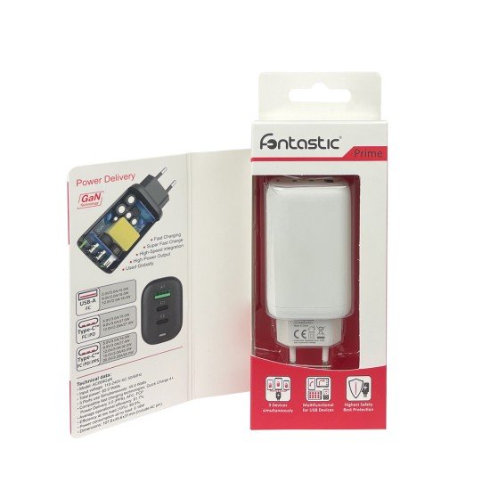 AC Charger GaNto 2 x Type-C PD + USB-A FC3 GaN 65W Power Delivery, Fast Charge 3, max 3.25A, white AC Charger GaNto 2 x Type-C PD + USB-A FC3 GaN 65W Power Delivery, Fast Charge 3, max 3.25A, white