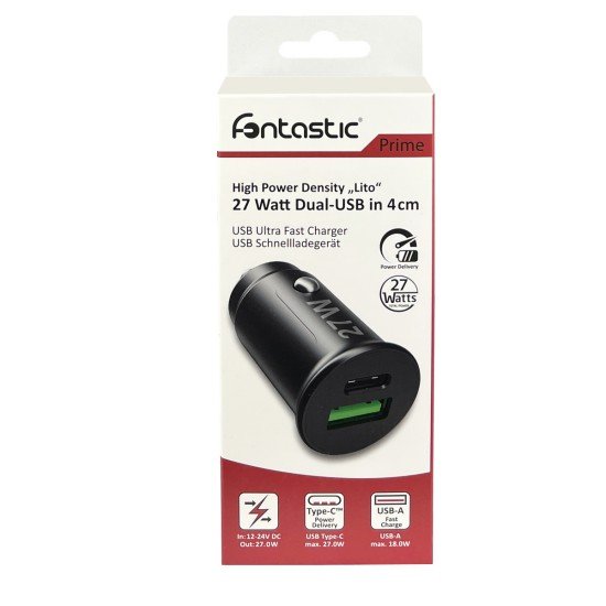 Car Charger Lito USB-A + Type-C, 27 Watts black Power Delivery, Fast Charge 3, max 3.A