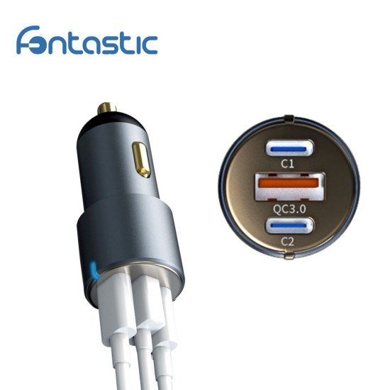 Car charger Moc60, Tri-Port max. 3A / 60Watt 2 x Typ-C PD + USB-A FC, Aluminum Housing