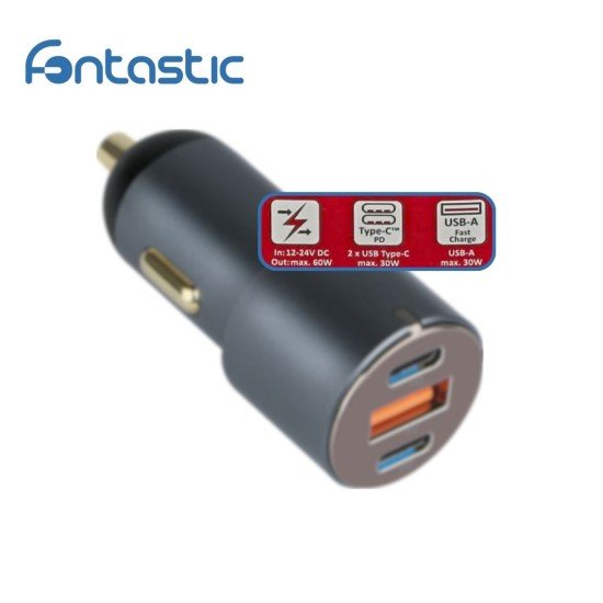 Car charger Moc60, Tri-Port max. 3A / 60Watt 2 x Typ-C PD + USB-A FC, Aluminum Housing