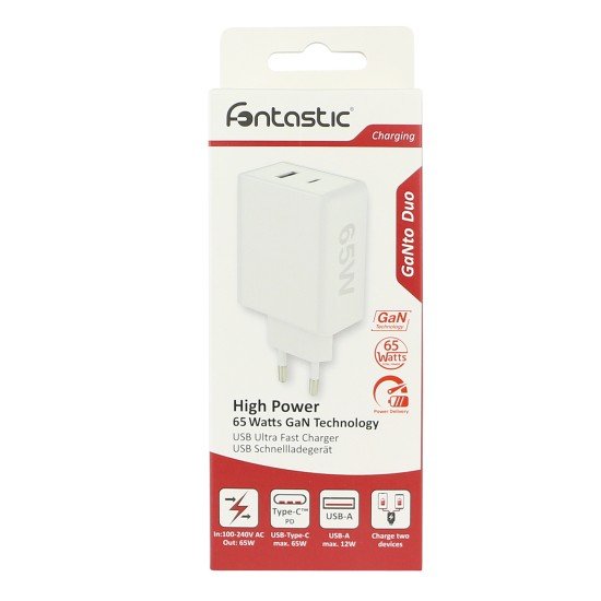 AC Charger GaNto Type-C PD Duo + USB-A GaN 65Watt Power Delivery, max 3.25A, white