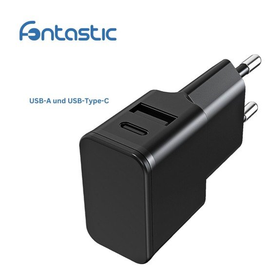 Universal AC Charger Dubi 1x USB-A + 1x Type-C 12W 5V / 2.4A, compact design, black