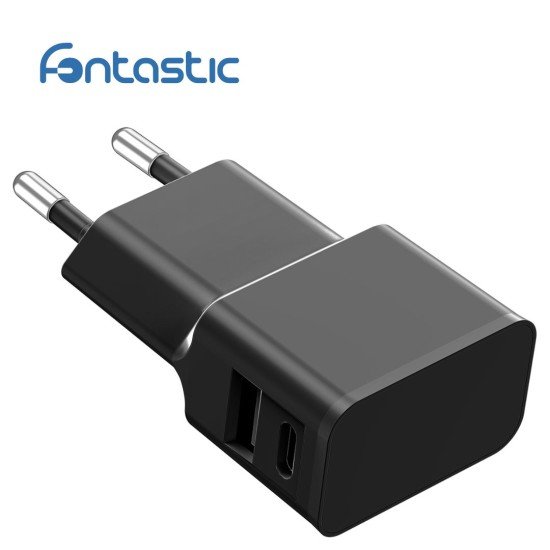 Universal AC Charger Dubi 1x USB-A + 1x Type-C 12W 5V / 2.4A, compact design, black