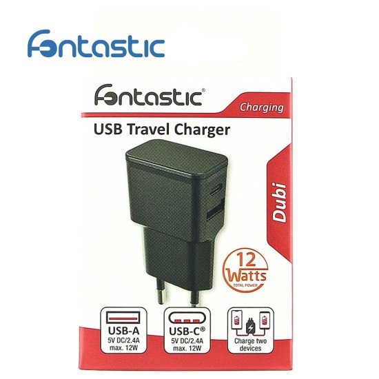 Universal AC Charger Dubi 1x USB-A + 1x Type-C 12W 5V / 2.4A, compact design, black