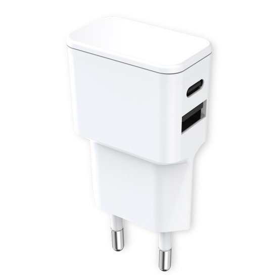 Universal AC Charger Dubi 1x USB-A + 1x Type-C 12W 5V / 2.4A, compact design, white