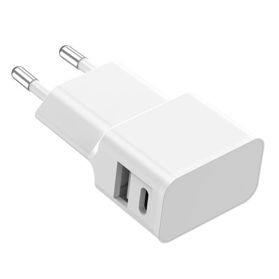 Universal AC Charger Dubi 1x USB-A + 1x Type-C 12W 5V / 2.4A, compact design, white