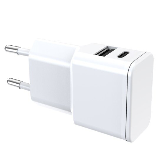 Universal AC Charger Dubi 1x USB-A + 1x Type-C 12W 5V / 2.4A, compact design, white