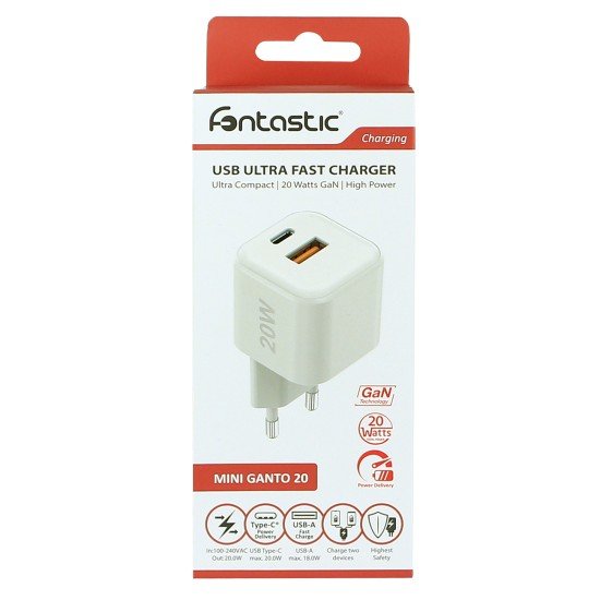 AC Charger MINI GaNto 20W Type-C PD + USB-A FC Ultra-compact, intelligent charging PPS, white