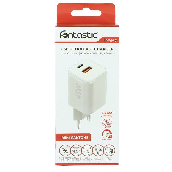 AC Charger MINI GaNto 45W Type-C PD + USB-A FC Ultra-compact, intelligent charging PPS, white