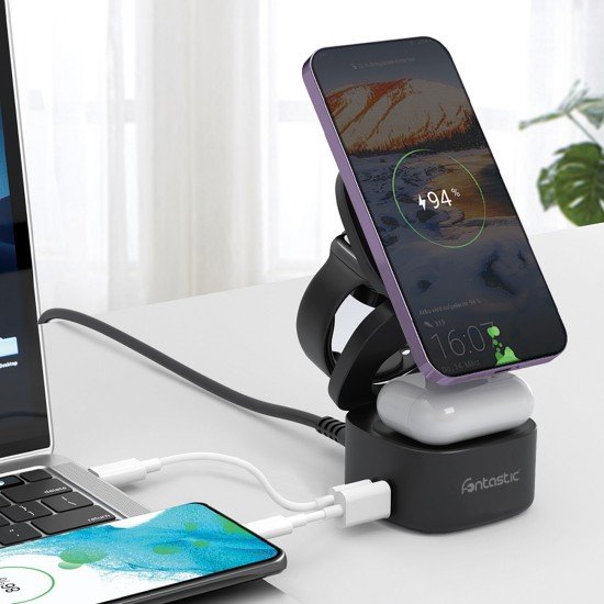 Wireless charging station Qumag GaN technology 65W Compact design, All-In-One, FC, PD, PPS, black