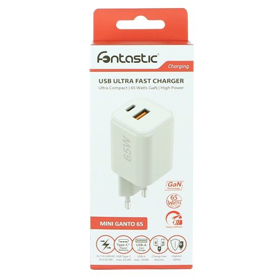AC Charger MINI GaNto 65W Type-C PD + USB-A FC Ultra-compact, intelligent charging PPS, white