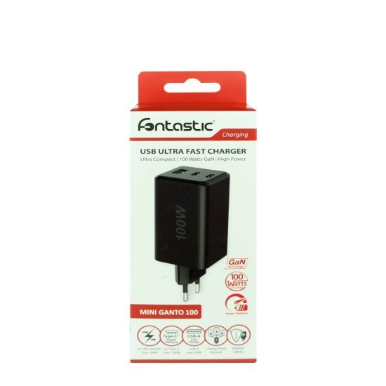 Fontastic AC Charger GAN 100W, 2 x Type-C + USB-A Power Delivery, Fast Charge, "Zona", black