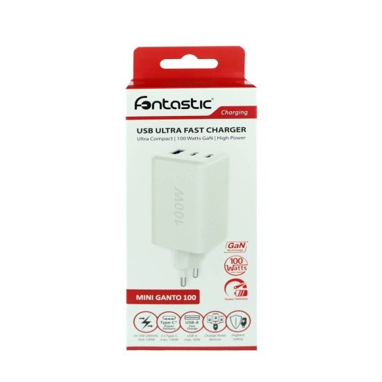 Fontastic AC Charger GAN 100W, 2 x Type-C + USB-A Power Delivery, Fast Charge, "Zona", white