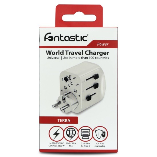 Fontastic World Adapter “Terra” US/UK/AUS/CN/EURO 10A Fuse, Power: 250V/2300W, USB-A+C, Schuko, whit