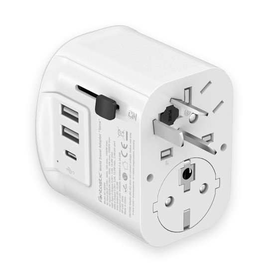 Fontastic World Adapter “Terra” US/UK/AUS/CN/EURO 10A Fuse, Power: 250V/2300W, USB-A+C, Schuko, whit