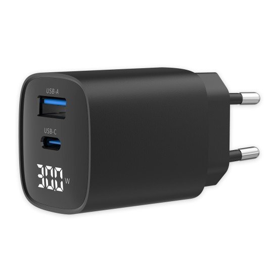 Fontastic AC Charger GAN 30W with Display, black Typ-C + USB-A PD, FC, Power Output Display “Ecran“