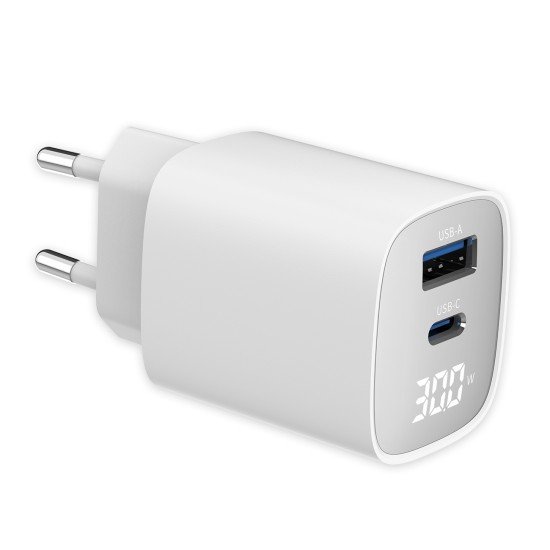 Fontastic AC Charger GAN 30W with Display, white Typ-C + USB-A PD, FC, Power Output Display “Ecran“