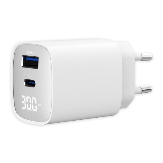 Fontastic AC Charger GAN 30W with Display, white Typ-C + USB-A PD, FC, Power Output Display “Ecran“