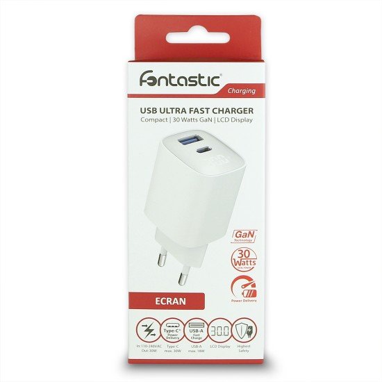 Fontastic AC Charger GAN 30W with Display, white Typ-C + USB-A PD, FC, Power Output Display “Ecran“